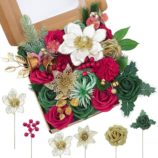 Jspupifip Christmas Artificial Flowers Combo Box Gold, Red, Green Fake Silk Roses Mix Dahlia Poinsettias for DIY Wedding Bridal Shower Boho Cake Decorations Floral Arrangements Centerpieces