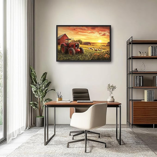Farmhouse Sunset Large Wall Art Framed Wall Decor for Living Room Rustic Barn Tractor Pictures Oversized Canvas Print Painting Modern Extra Large Framed Artwork for Bedroom Office 36"x24"