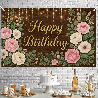Rustic Wood Floral Birthday Backdrop Banner Pink Flower Wooden Happy Birthday Photography Background Women Girls Wedding Baby Shower Decor Party Decorations Photo Studio Props 6x4ft