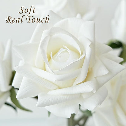 White Flowers Roses Artificial Flowers, 10pcs Soft Real Touch Silk Artificial Roses Stems, Lifelike Faux Rose for Wedding Table Centerpieces Party Home Decoration