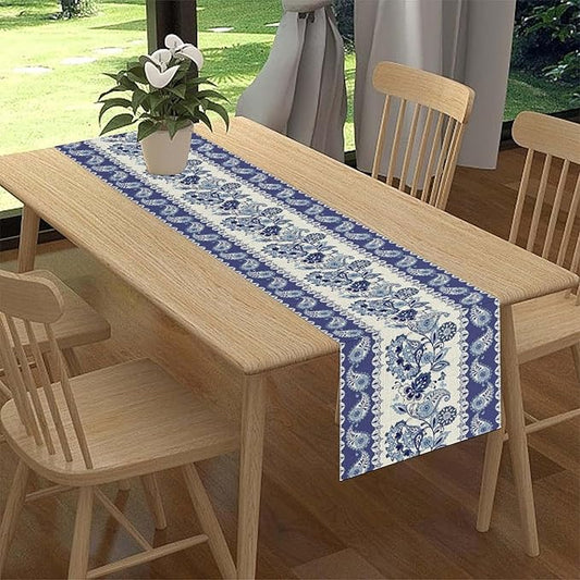 Blue Paisley Table Runner, Rustic Blue Bohemian Damask Exotic Flower Cafe Table Center Decor for Home Kitchen Dining Patio Holiday Party Indoor Outdoor Table Decorations 13x72 inch