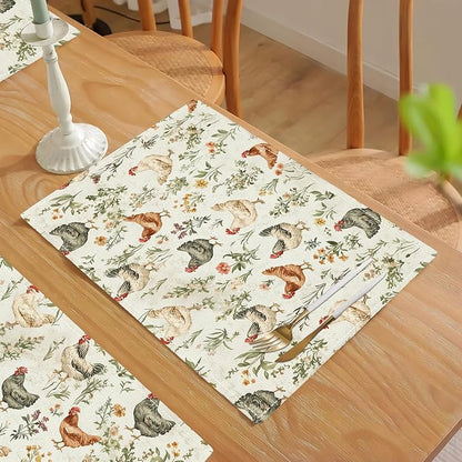Farmhouse Rooster Placemats Set of 6, Rustic Chicken Place Mats, Country Flowers Dining Table Mats, Washable Placemats for Kitchen Dining Room Home Decor 18L'' × 12W''