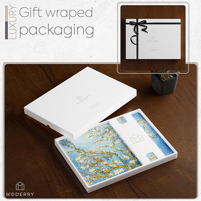 Set of 4 Heat Resistant Cork Placemats for Dining Table with Free Set of 4 Matching Drink Coasters Van Gough Blue Botanical Design 16 x 12 Inches Cork Backed Hard Placemats (Almond Blossoms)