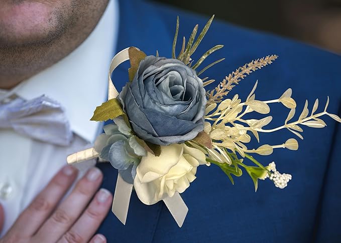 Corsage and Boutonniere Set Corsage Wistlet Dusty Blue Corsage Wrist Artificial Flower Perfert for Proms | Weddings for Bride,Bridesmaids, Groom,Groomsmen Decor (Dusty Blue)
