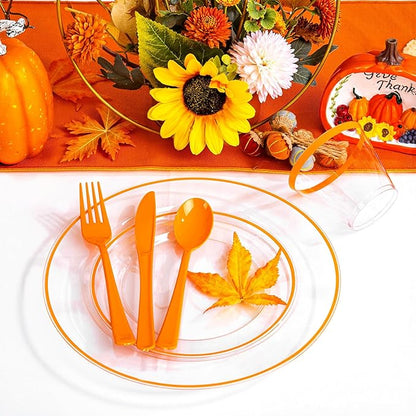 SUT 350Pcs Orange and Clear Plastic Dinnerware Set for 50 Guests, Include: 50 Dinner Plate, 50 Dessert Plates, 50 Pre Rolled Napkins With Silverware, 50 Cups, Disposable Plates for Thanksgiving, Party