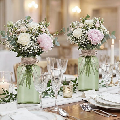 Vintage Glass Flower Vase，3Pack Farmhouse Green Glass Centerpiece Vases Mason Jars for Weddings, Parties & Home Decor Bulk (3, Green)