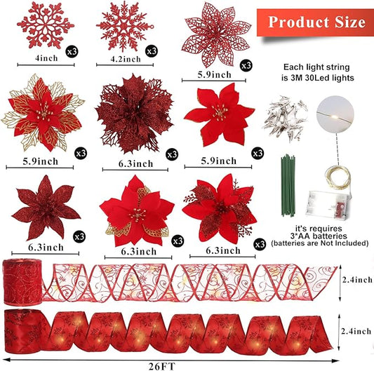 RECUTMS 9 Styles Christmas Red Glitter Artificial Poinsettia Flower Tree Ornaments with Ribbon Snowflake for Tree Wreaths Garland Floral Gift Winter Wedding Holiday Decoration(Red)