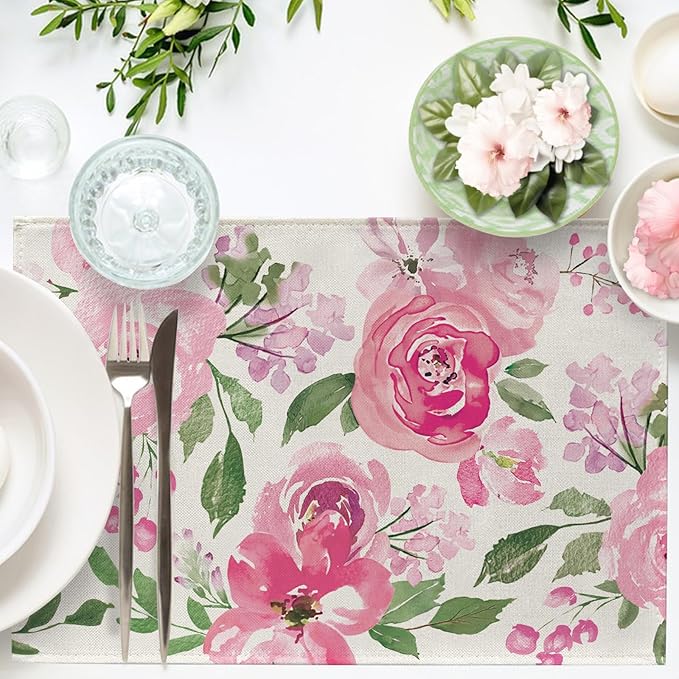 Seliem Spring Summer Watercolor Flower Placemats Set of 4, Pink Peony Floral Dining Table Place Mats, Seasonal Kitchen Decor Home Decoration 12 x 18 Inch
