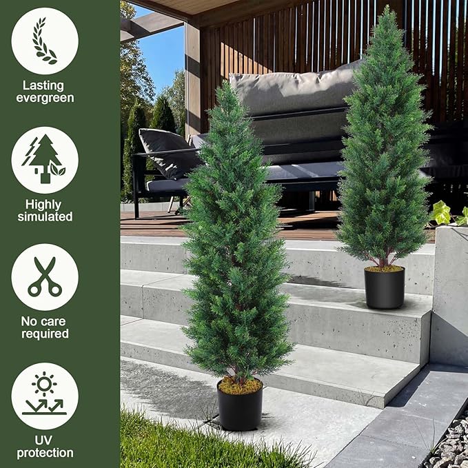 Hananona 2 Pcs 4 Ft Artificial Topiary Cedar Trees, Outdoor Faux Pine Shrubs, Realistic Fake Greenery Plants UV Resistant Cypress Trees for Christmas Porch Front Door Decor (2, Green, 4 Ft)