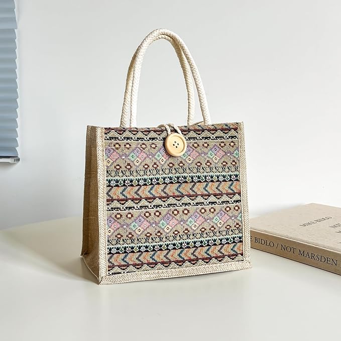 Women Tote Bag,2Pcs Jute Casual Tote's Handbag Embroidered Personalized Bento Bag,Reusable Grocery Bags Shopping Bags