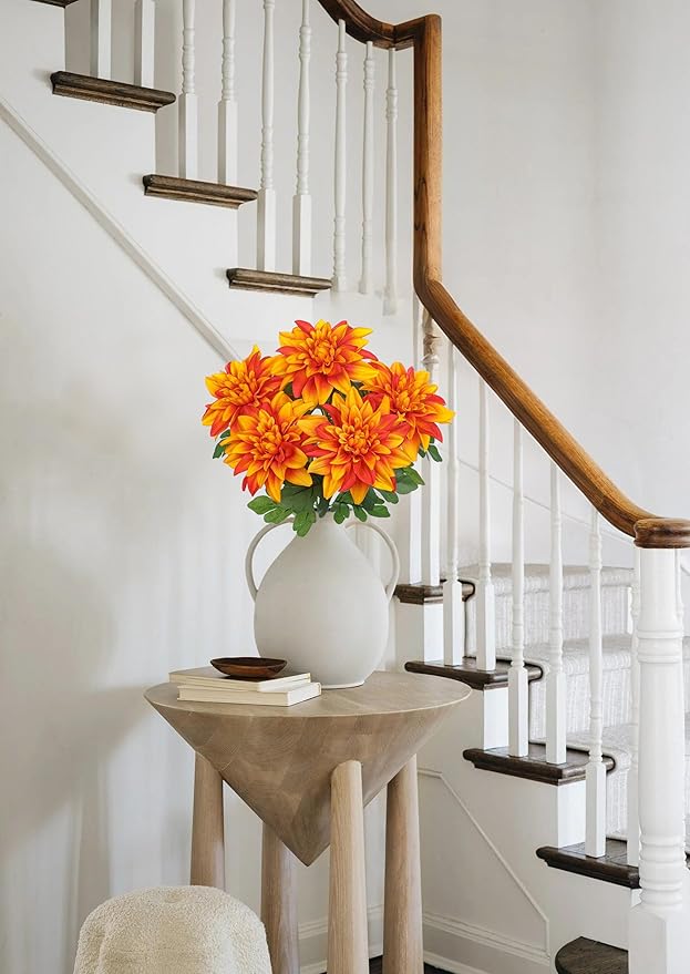 Hollyone 2Pcs Orange Artificial Dahlia Flowers Bush 7 Heads Silk Fake Dahlias Flowers with Stems Wedding Bouquets Faux Dahlia Flowers Arrangements for Outdoor Indoor DIY Table Centerpieces Home Decor