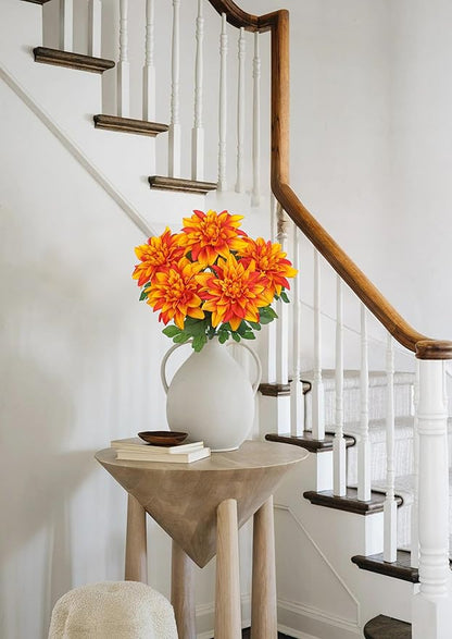 Hollyone 2Pcs Orange Artificial Dahlia Flowers Bush 7 Heads Silk Fake Dahlias Flowers with Stems Wedding Bouquets Faux Dahlia Flowers Arrangements for Outdoor Indoor DIY Table Centerpieces Home Decor