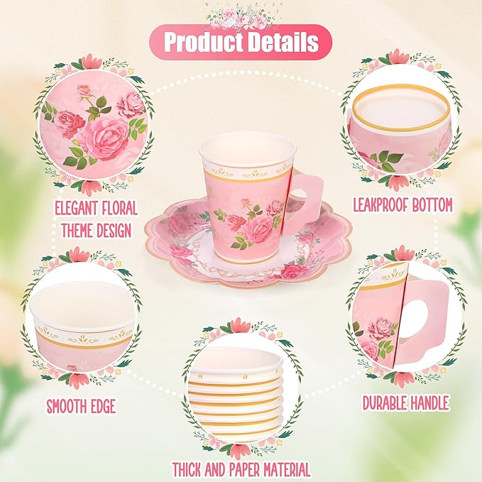 96 Pieces Floral Paper Tea Cups and Saucers 9 Oz Teacups with Handle 9 Inch and 7 Inch Paper Plates Saucers Napkins Disposable Tea Party Supplies Serve 24 for Wedding Baby Shower Party, Pink