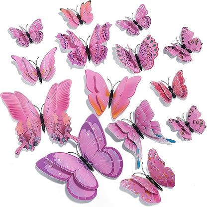 SAOROPEB 3D Butterfly Wall Decor, 72 Pcs Double Layer Butterfly Decorations for Party Decorations Locker Decor Refrigerator Decal, Reusable (Pink)