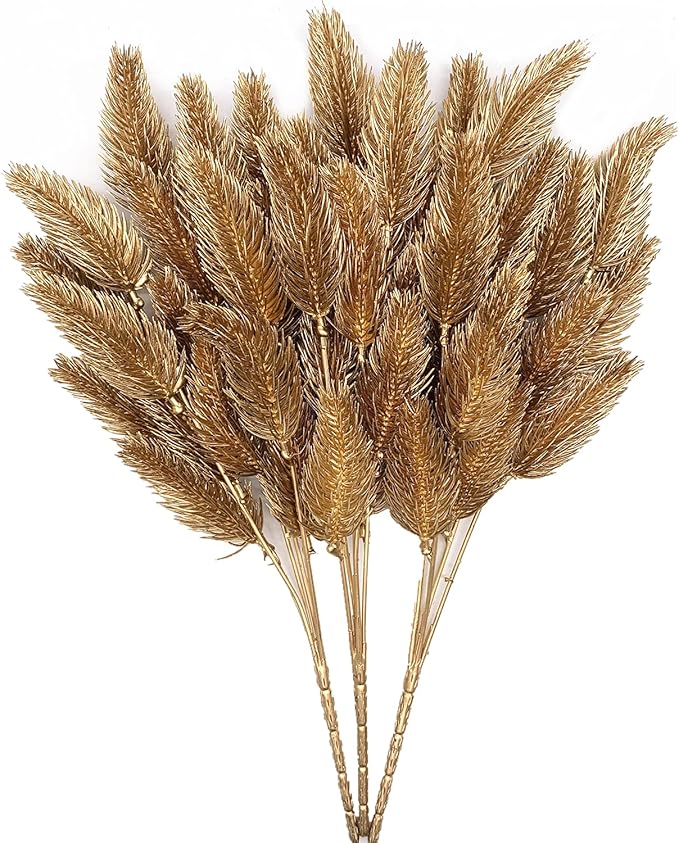 CATTREE Artificial Gold Plants Plastic Fake Grass Faux Shrubs Simulation Bushes Home Indoor Outdoor Garden Leaves Wedding Festival Decoration Hall Table Planter Filler Pine Cones Golden - 3 Pack