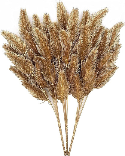 CATTREE Artificial Gold Plants Plastic Fake Grass Faux Shrubs Simulation Bushes Home Indoor Outdoor Garden Leaves Wedding Festival Decoration Hall Table Planter Filler Pine Cones Golden - 3 Pack