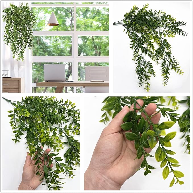Fake Hanging Vines, Artificial Vine Plastic Green Leaves Plants UV Resistant Greenery Plant for Indoor Outdoor Garden Office Bathroom Decor Wedding Party Christmas Baskets DIY Decoration 2 Pack