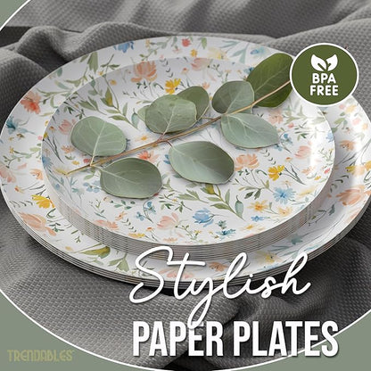 Trendables Heavy Duty Paper Plates Set For 32 Guests - 32 Each Of 8-inch And 10-inch Disposable Plates For Party - Fancy 64 Piece Dinnerware Set For All Occasions | Floral Design, Petite Fleur