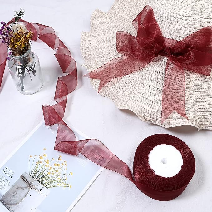 1.5 inch Sheer Organza Ribbon Wine Red Chiffon Ribbon for Gift Wrapping Christmas Halloween Decoration Wedding Bouquet Crafts 50 Yards