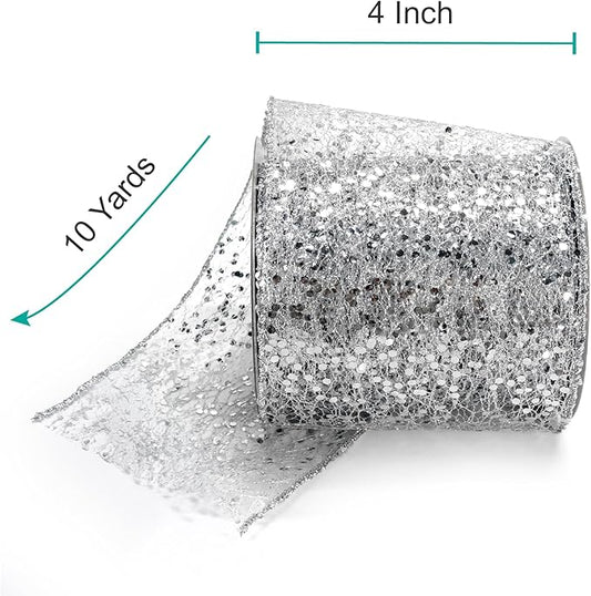 CT CRAFT LLC Sparkling Glitter Mesh Wired Ribbon 4" x 10 Yards Silver for Christmas Home Decor Bow Gift Wrapping DIY Crafts Wreath