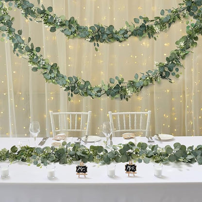 TOCHGREEN 4 PCS Artificial Eucalyptus Garland 5.9FT Faux Silver Dollar Greenery Garland Vines with White Flower Boxwood Fake Hanging Plants for Wedding Home Party Table Mantle Wall Decor