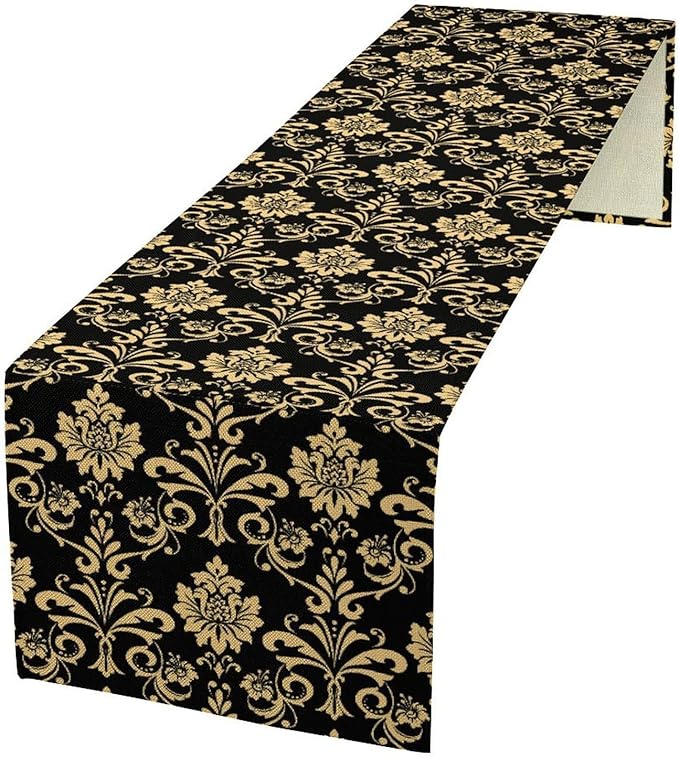 Gold Damask Table Runner,Gothic Antique Victorian Floral Boho Table Runner for Home Kitchen Table Dining Garden Farmhouse Wedding Party Decor 13x70 Inch