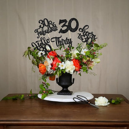 Gyufise 15Pcs 30th Birthday Centerpiece Sticks Thirty Happy 30th Table Flower Centerpieces Sticks Cheers to 30 Floral Decorations for 30th Birthday Party Centerpieces Supplies Black