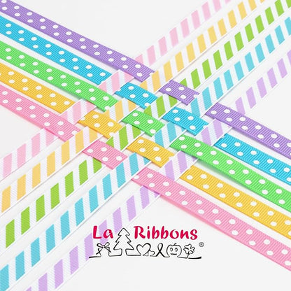 LaRibbons 3/8 Inch 100 Yards Grosgrain Ribbon Set 10 Yd/Roll 10 Rolls Striped and Polka Dot Spring Easter Craft Ribbon for Gift Wrapping Floral Bouquets Wedding Party Decoration