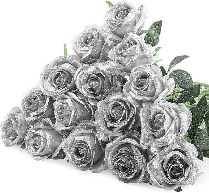 Hotop 20 Pcs Artificial Rose Flowers with Long Stem,Real Touch Silk Realistic Plastic Bouquet Roses Bulk for Home Decor Bridal Wedding Party Table Centerpieces Decorations (Silver)