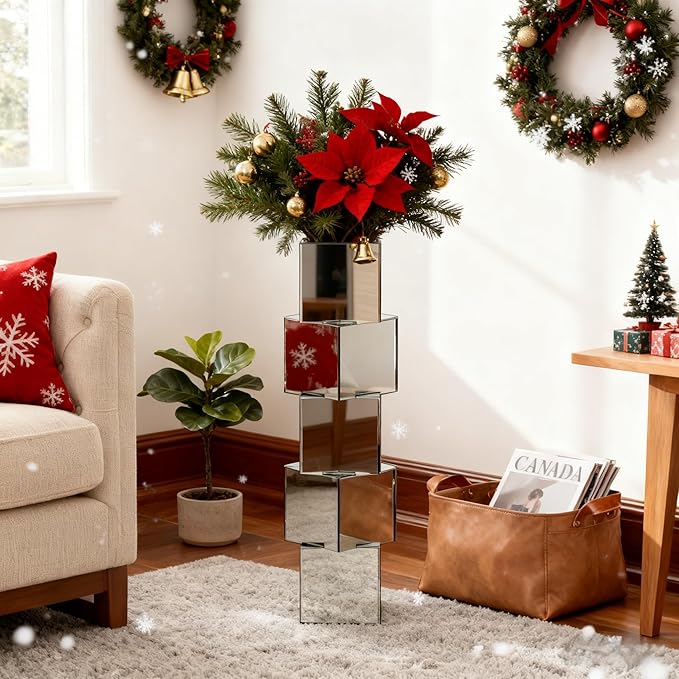 Silver Mirror Floor Vase, Square Glass Tall Vases for Decor Living Room Floor, Featuring a Bold Geometric Stacked Design, 27 inch Tall