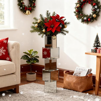 Silver Mirror Floor Vase, Square Glass Tall Vases for Decor Living Room Floor, Featuring a Bold Geometric Stacked Design, 27 inch Tall