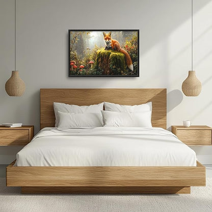 Forest Fox Large Wall Art Framed Rustic Wall Decor for Living Room Fox Mushroom Pictures Oversized Canvas Print Painting Modern Extra Large Framed Artwork for Bedroom Office 36"x24"