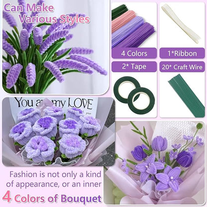 400 Pcs Pipe Cleaners Craft,4 Assorted Colors Pipe Cleaners Bulk, Chenille Stems for DIY Flower Making Kit with Floral Wires, Gardening Tape,Stamen& Ribbon(Purple)