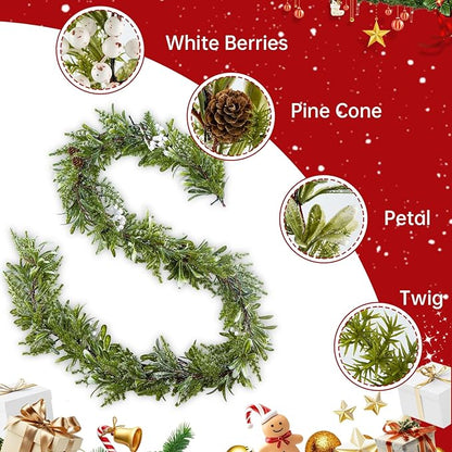 2Pack 6FT Christmas Garland – Artificial Greenery Olive Garland with White Berries, Pinecones & 20 Warm LED Timer Lights – Holiday Garland for Home, Wedding, Party Decorations
