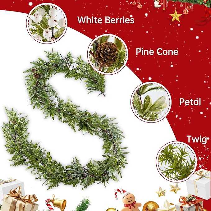 6FT Christmas Garland – Artificial Greenery Olive Garland with White Berries, Pinecones & 20 Warm LED Timer Lights – Holiday Garland for Home, Wedding, Party Decorations