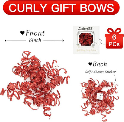 6" Metallic Red Christmas Curly Ribbon Bows for Gift Wrapping Self Adhesive Gift Bows for Holiday Decor, Baskets, Birthday, Wedding, Presents, Party Favors Decorations 6-Count
