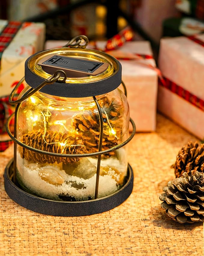 Vintage Farmhouse Lantern Decor LED Lighted Vase, Rustic Glass Vase with Artificial Flowers 4pcs Lavenders & Eucalyptus, Farmhouse Table Centerpiece for Floral Arrangements-Hidden Switch Lid