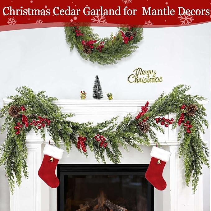 6 Ft Christmas Garland - Real Touch Cedar Garland with Red Berry Clusters Pinecones by 90 Cedar Branches, Realistic Greenery Faux,Christmas Garlands for Mantle Fireplace Table Centerpiece Decor