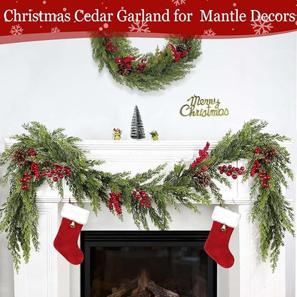 6 Ft Christmas Garland - Real Touch Cedar Garland with Red Berry Clusters Pinecones by 90 Cedar Branches, Realistic Greenery Faux,Christmas Garlands for Mantle Fireplace Table Centerpiece Decor
