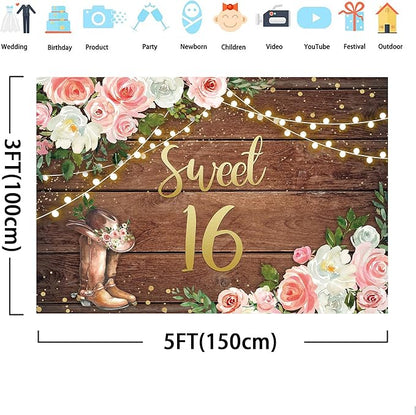 SVBright Sweet 16 Happy Birthday Backdrop 5Wx3H Cowgirl Western Rustic Wooden Plank Country Watercolor Pink Flower Floral Boots Farmhouse Decorations Photography Background Banner Photo Booth Studio