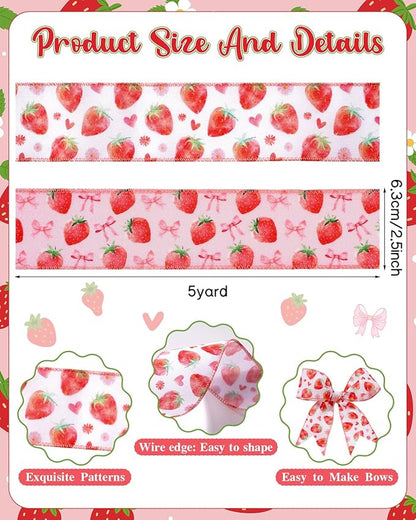 2 Roll 10 Yards Strawberry Wired Edge Ribbon 2.5 Inch Strawberry Bow Heart Daisy Fabric Ribbon Strawberry Gift Wrapping Ribbon for Crafts, Hair Bows, Wreath, Summer Party, Holiday Decor
