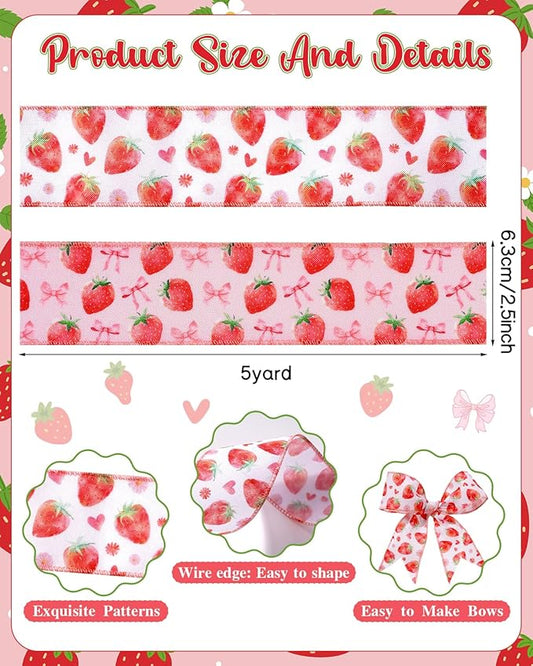 2 Roll 10 Yards Strawberry Wired Edge Ribbon 2.5 Inch Strawberry Bow Heart Daisy Fabric Ribbon Strawberry Gift Wrapping Ribbon for Crafts, Hair Bows, Wreath, Summer Party, Holiday Decor