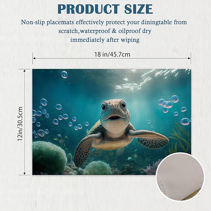Sea Turtle Placemats Set of 4, Waterproof Place Mats Non-Slip Washable Table Mats Set for Kitchen Dining Holiday Party Wedding Decor 12x18 Inch