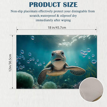 Sea Turtle Placemats Set of 4, Waterproof Place Mats Non-Slip Washable Table Mats Set for Kitchen Dining Holiday Party Wedding Decor 12x18 Inch