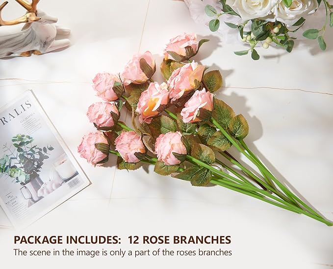 Rose Artificial Flower 12pcs Realistic Faux Silk Roses Fake Flowers Bouquets Arrangements Decor for Wedding Spring Mother's Day, Home Table Decorations, Pink Flower