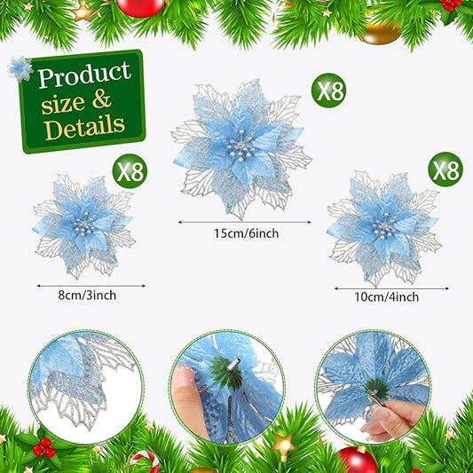 Geosar 24 Pieces Christmas Glitter Poinsettia Flowers Layered Artificial Xmas Flowers Wedding Christmas Tree New Year Ornaments 3/4/6 Inch(Blue)