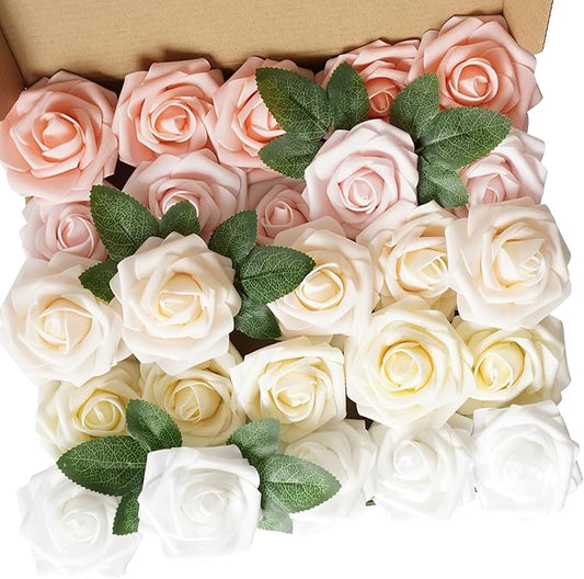 25pcs Artificial Flower Foam Rose Real Touch Roses Flower Heads with Stem for DIY Wedding Bouquets Centerpieces Arrangements Party Baby Shower Home Decor (Shades of Pink Rose)