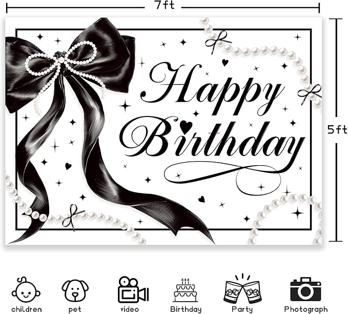 Black Bow Happy Birthday Banner Backdrop 7Wx5H Photography Black White Pearls Bowknot Balloons Girly Female Background Aesthetic Pretty Bday Party Decorations Banner Photo Booth Props Supplies