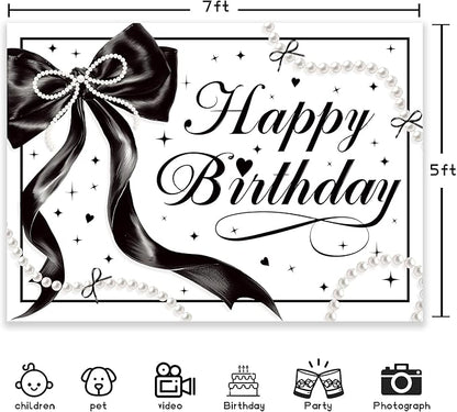 Black Bow Happy Birthday Banner Backdrop 7Wx5H Photography Black White Pearls Bowknot Balloons Girly Female Background Aesthetic Pretty Bday Party Decorations Banner Photo Booth Props Supplies