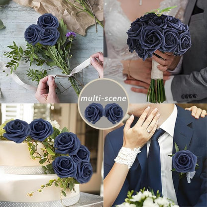 100Pcs Navy Blue Artificial Flowers Roses Real Looking Foam Fake Roses with Leaves and for DIY Wedding Bouquets Bridal Shower Centerpieces Party Decorations (Navy Blue, 100)